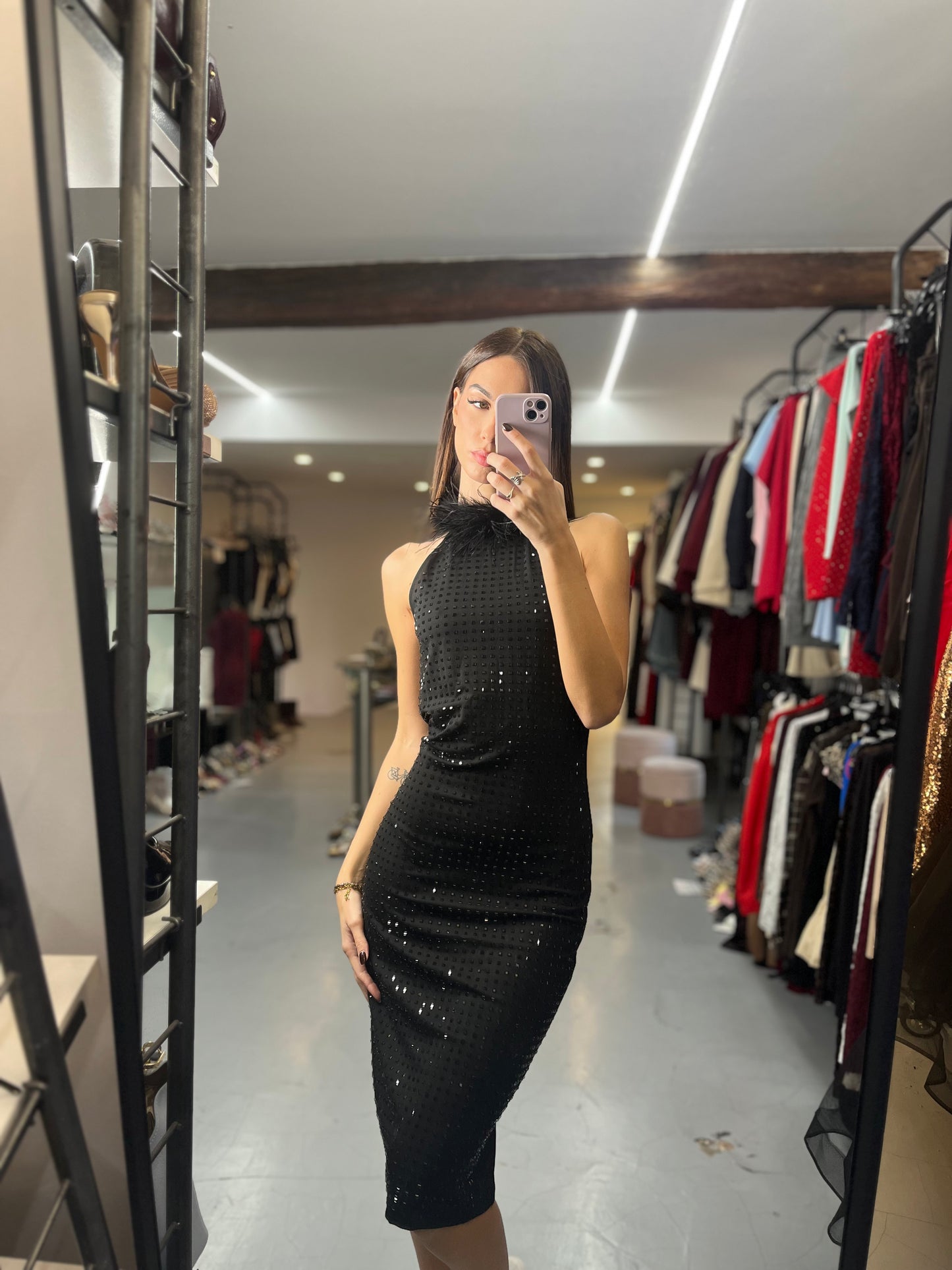 Abito piume glitter longhette